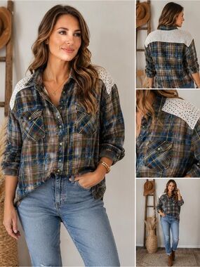 Ryan Michael XL Plaid Western Snap Shirt with Lace Eyelet Yoke Boho Cottagecore